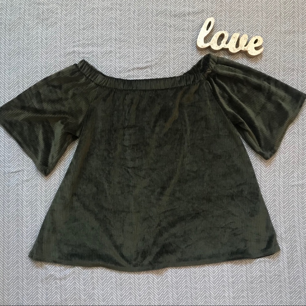 Millibon Green Velvety Ribbed Off-Shoulder Top